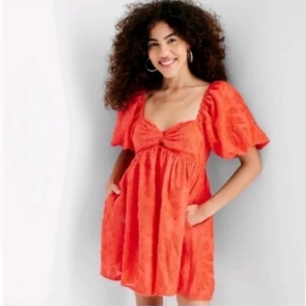 Future Collective Floral Print Puff Short Sleeve Mini Dress Baby Doll Low Cut 2x